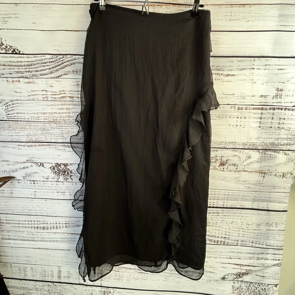 Future Collective Black Chiffon Skirt 8 Long Ruffled Witchy Whimsigoth Slit Sexy